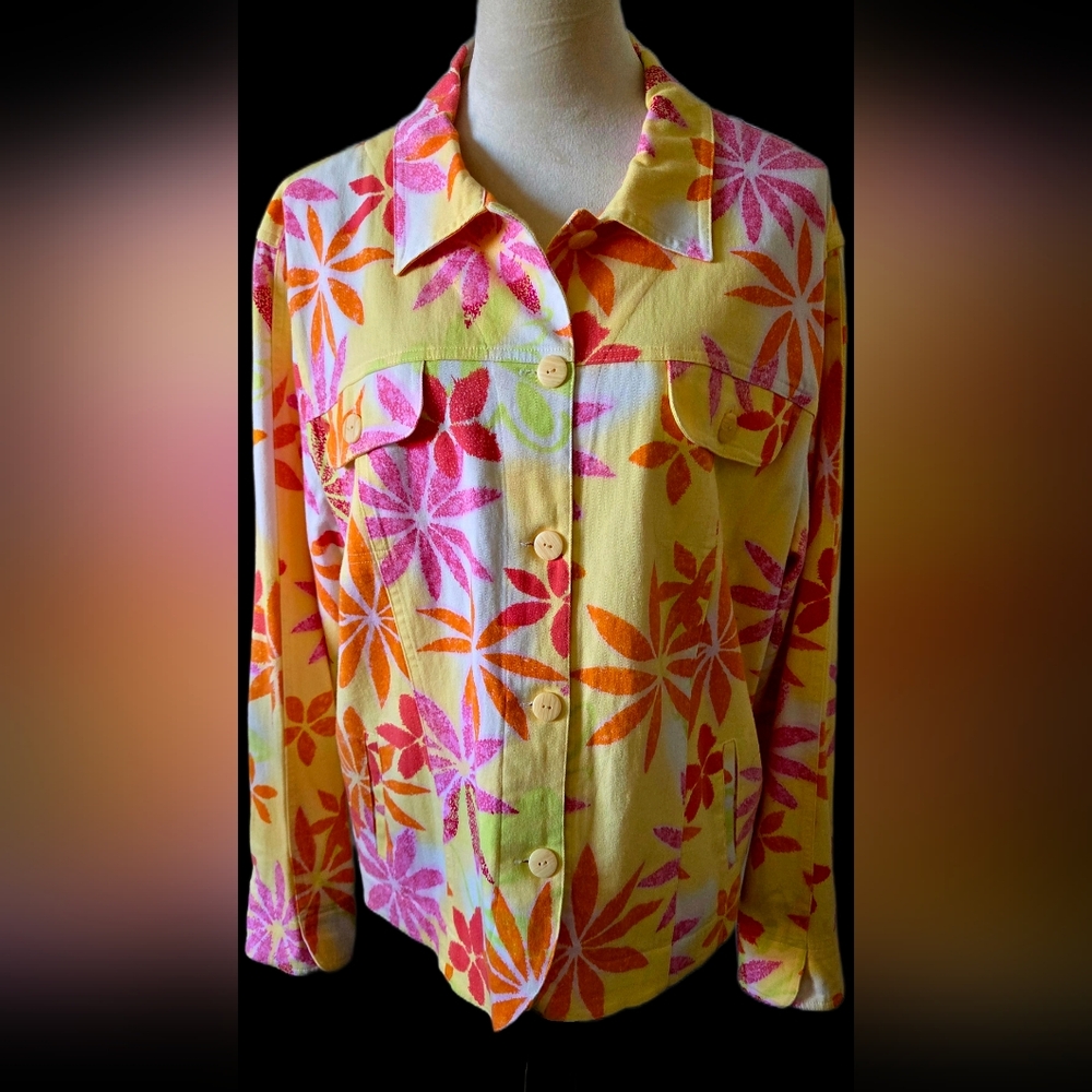 Coldwater Creek Lightweight Floral Jacket In Pink Yellow and Orange - Picture 2 of 6